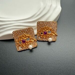 Gold and Purple Square Earrings with Pearl Accent